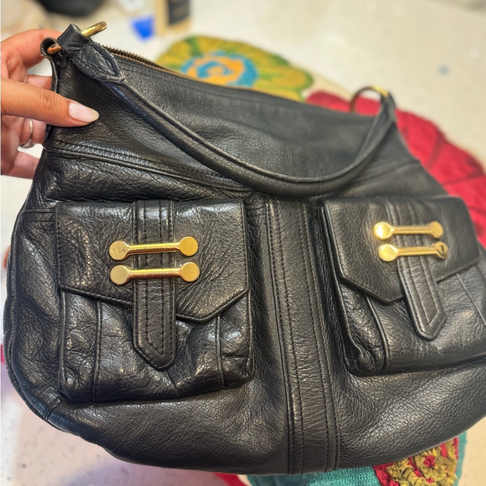 Ralph Lauren Black Leather Shoulder Bag with Gold-Tone Accents